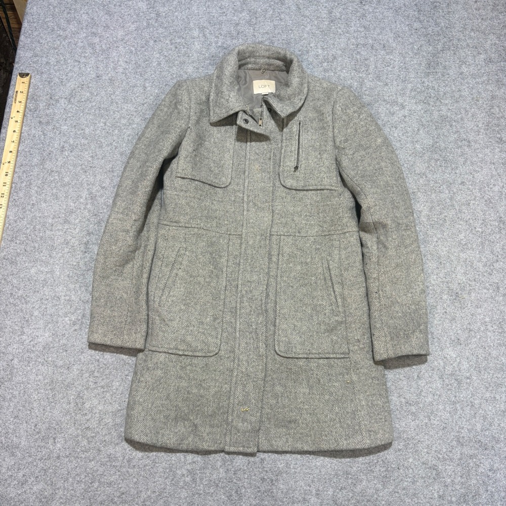 Ann Taylor LOFT Gray Herringbone Long Zip Front Coat XXS Light Grey Wool Blend